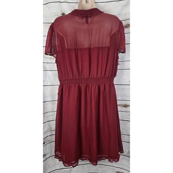 Modcloth Burgundy Sheer Chiffon Dress XL NEW Ruffle Fit & Flare Collared - Picture 5 of 8
